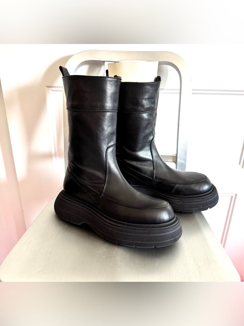 Black Platform Leather Mid-Calf Boots